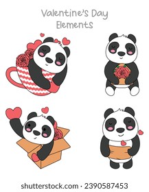 Elementos del Día de San Valentín de los vectores Kawaii Panda