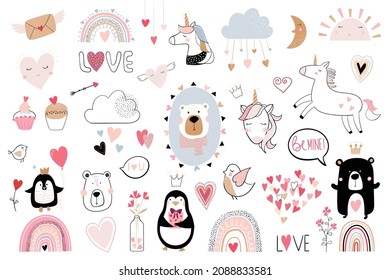 Valentine's Day elements, kids collection with  cute animals, unicorns and hearts,  seasonal design, items set for kids, textile clothes and scrapbook, doodle shape 
