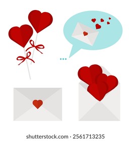 Valentine's day Elements, Love Decor Vector Set, Envelope With Hearts, Speech Bubble, Isolated On White Background. Flat Vector Illustration