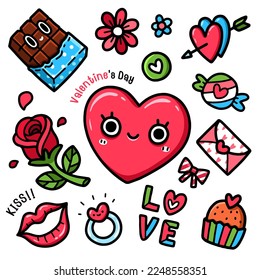 Valentine's Day elements, Pink hearts, Chocolate, Rose, Love letter, Ring, kiss, Congratulations. Stickers template and card. Hand drawn vector illustration.