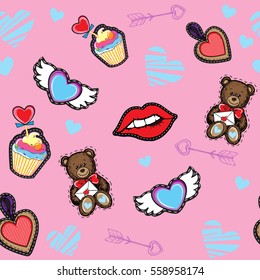 Valentine's Day elements pop art style seamless pattern on the pink background