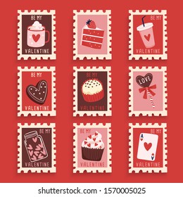 Valentine's Day elements in postage stamps collection : Vector Illustration