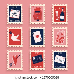 Valentine's Day elements in postage stamps collection : Vector Illustration