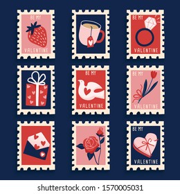 Valentine's Day elements in postage stamps collection : Vector Illustration