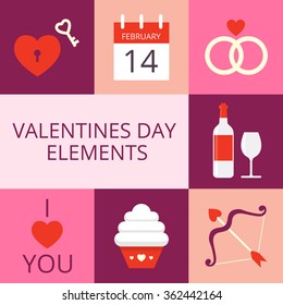 valentines day elements in purple and red color