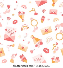 Valentines Day elements, ring with diamond, bouquet of flowers, love letters, rainbow, lips, key with heart, hands, envelopes with stamp. Bright background, romantic seamless pattern.