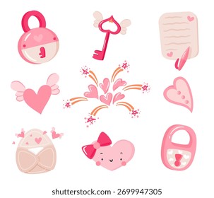 Valentine's day elements. Romantic doodles for decorations - hearts, key, padlocks, envelope, letter. Flat vector illustration.