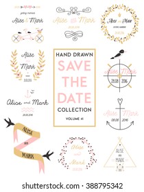 Valentines Day elements, Save the day templates invitation, romantic elements for wedding design. Vintage Elements Isolated On White Background - Vector Illustration editable for your Design. 
