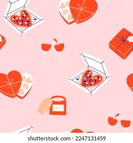 Valentine's Day elements seamless pattern. Different romantic objects. 