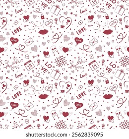 Valentine's Day Elements Seamless Pattern. Happy Valentines Day Print. Holiday Design Element. Doodle. Vector illustration in Dark Red on White Background