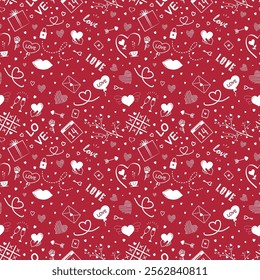 Valentine's Day Elements Seamless Pattern. Happy Valentines Day Print. Holiday Design Element. Doodle. Vector illustration in White on Red Background