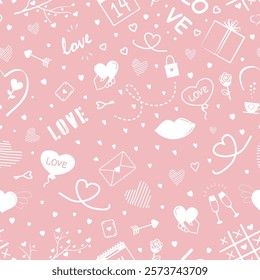 Valentine's Day Elements Seamless Pattern. Happy Valentines Day Abstract Print. Holiday Design Element. Doodle. Vector illustration in White on Pink Background