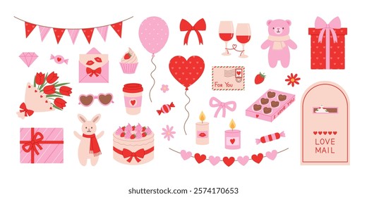 Valentines day elements set with cake, balloons, flower bouquet, envelope, gifts, hearts, candies and other. Romantic collection for holiday. Vector flat illustration for stickers, greeting cards