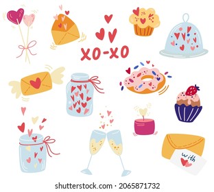 Valentine's day elements set. Champagne, hearts, candies, sweets, cakes, jars and inscription. Perfect for Valentines day gift, fabric, greeting cards, invitation. Vector cartoon illustration.


