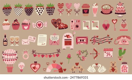 Set de Elementos de San Valentín. Fresas cubiertas de chocolate, paletas de corazón, cupcakes, torta, chocolate, aves de amor, cartas de amor y más. Ilustraciones vectoriales dibujadas a mano.