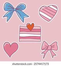 Valentine's day elements set of colorful hand-drawn bows and hearts. groovy style