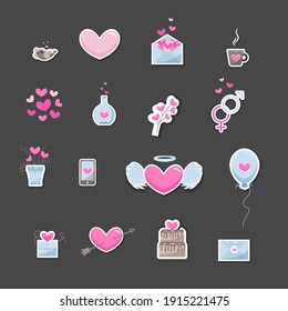 Valentine's day elements. Set of cute hand drawn icons about love isolated on dark background in delicate shades of colors. Happy Valentine's Day background.