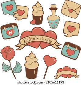 Valentinstag-Elemente Set, Dialogbox, Liebestrunk, Elixir, Rose, Brief, Kalender, Kuchen, Lollipop, Herzen mit Band und Inschrift, Clipart-Kunst und Symbole