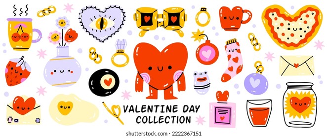 Valentine's Day elements set. Different romantic objects. Vector illustration for planner, love letter or diary. Cartoon wedding journal sticker collection.Heart, glasses, vase of flowers, socks.