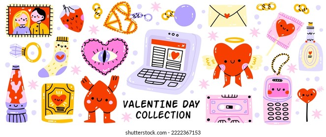 Valentine's Day elements set. Different romantic objects. Vector illustration for planner, love letter or diary. Cartoon wedding journal sticker collection.Heart, glasses, vase of flowers, socks.