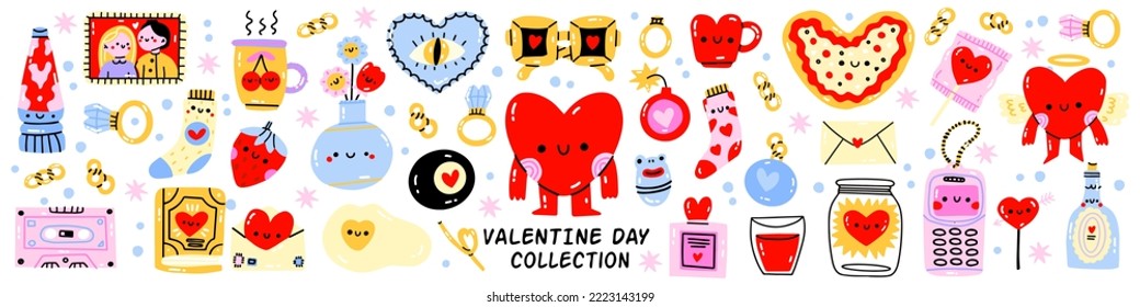 Valentine's Day elements set. Different romantic objects. Vector illustration for planner, love letter or diary. Cartoon wedding journal sticker collection.Heart, glasses, vase of flowers, socks.