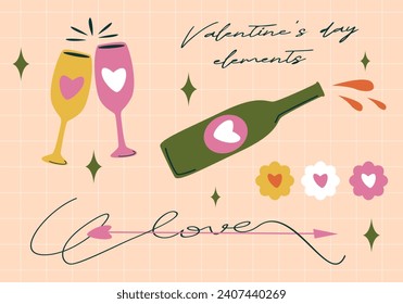 Valentine's Day elements set. Different romantic objects. Vector illustration