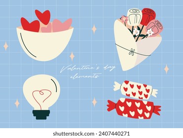 Valentine's Day elements set. Different romantic objects. Vector illustration