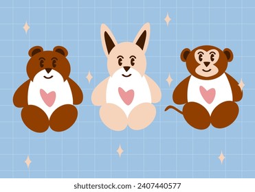 Valentine's Day elements set. Different romantic objects. Cute animal dolls. Vector illustration