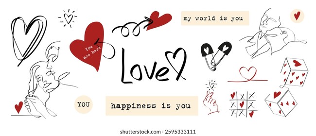 Valentine's Day elements set. Different romantic objects. Romantic illustration in one line art style on white background with lovers, hearts
