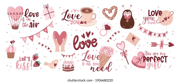 Valentine's day elements set. Gift, heart, balloon, kiss, key, rose, candy, and others for decorative. Sticker cartoon style. Vector illustration.