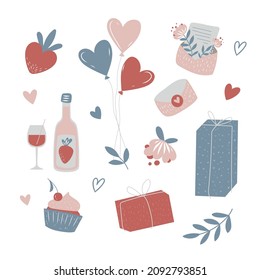 Valentine's day elements set. Gift, heart, balloon, kiss, key, rose, candy, and others for decorative. Sticker hand drawn style. Vector illustration.