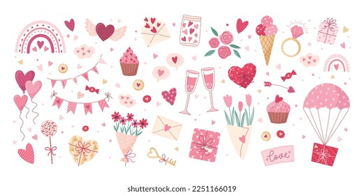 Valentine's day elements set. Gift, heart, balloon, flowers, key, rose, candy, and others for decorative. Stickers cartoon style. Vector illustration.