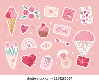 Valentinstag-Elemente gesetzt. Geschenk, Herz, Ballon, Blumen, Cupcake, Boucket, Süßigkeiten und andere für die Dekoration. Sticker Cartoon-Stil. Vektorgrafik.