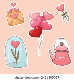 Valentine's day elements set. Gift, heart, balloons, candy, and others for decorative. Sticker cartoon style. Vector illustration.