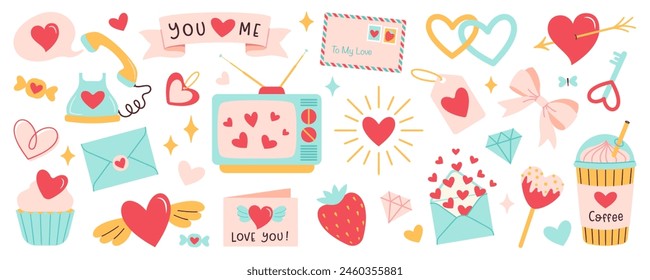 Valentines day elements set. Gift, heart, tv, cake, envelope, berry, Phone, bouquet, coffee and others traditional decorations. Cartoon style wedding and love concept for stickers, greeting cards.