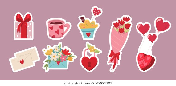 Valentine's day elements set. Gift box, mug, heart, sweets, bouquet of flowers, romantic message, lock. Vector illustration for stickers, greeting cards.