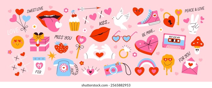 Valentines day elements set. Gifts, hearts, envelopes, candy. Vector illustration in cartoon style. Perfect for stickers and greeting cards and posters
