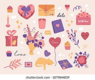 Conjunto de elementos del día de San Valentín, letras lindas dibujadas a mano y objetos del 14 de febrero, caramelos, tarjetas, ramo de flores y corazón, moderno y moderno ilustración adorable en estilo de doodle de dibujos animados, colores rosa y rojo