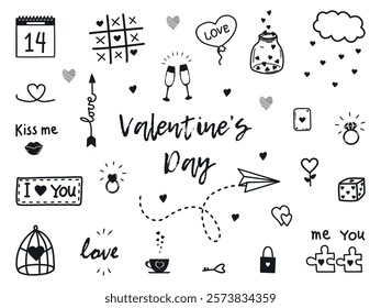 Valentine's Day Elements. Set. Happy Valentines Day Symbols. Doodle. Vector illustration in Black on White Background.
