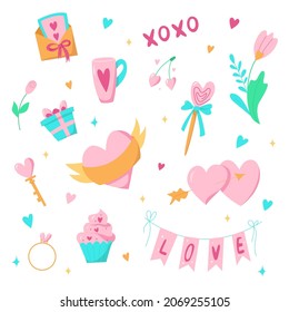 Valentine's day elements set. Heart, gift box, candy, key, rose, flowers,ring, envelope with a letter, muffin. Sticker cartoon style. Vector illustration.