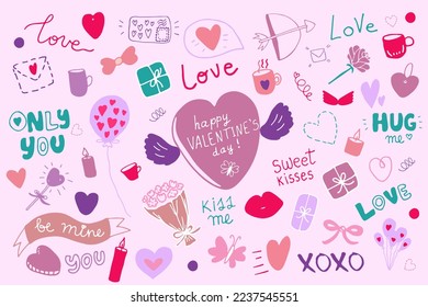 Valentine's day elements set. Heart, gifts, flowers, arrow. Template for stickers, planner, invitation, etc. Hand drawn vector illustration.