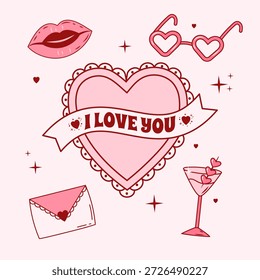 Elementos de San Valentín con corazón, te amo cinta, labios, gafas, cóctel y sobre. Iconos de doodle caprichosos rosados para diseño romántico y tarjetas de felicitación de vacaciones. Vector