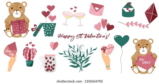 Valentine's day elements set. Hearts, cute bears, gifts, flowers, baloons, glasses. Vector illustration.