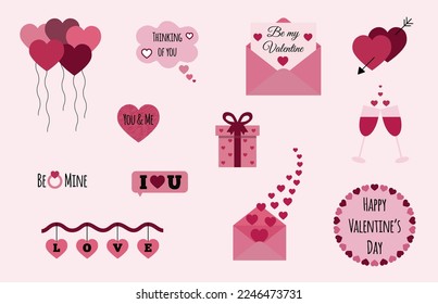 Elementos de San Valentín. Corazones, globos, vasos con vino, cartas de amor y citas sobre fondo rosa claro. Para tarjetas de felicitación, pegatinas y decoración. Ilustración vectorial.