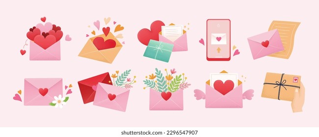 Valentines day elements set isolated on light pink background. Including all kinds of love letters such as envelopes filled with heart or plants, love email sending from phone and love package