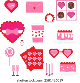 Valentine's day elements set. letter, candle, cake, sticker, paper coffee cups, ring, heart, Cookie Box, candy.