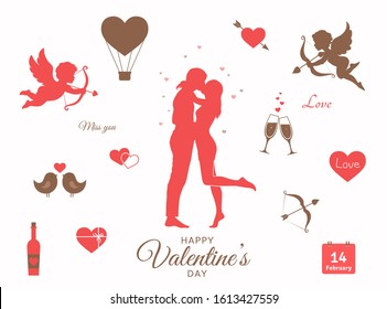 valentines day elements set. love symbols. couple, cupids and hearts icons. isolated vector image