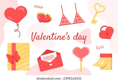 Valentines day elements set. Love, romance and care. Letters and golden key, heart shaped air balloon and candy. 14 February holiday. Cartoon flat vector collection isolated on white background