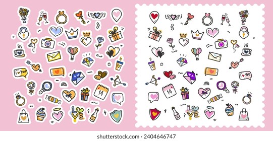 Valentine's day elements. Set of love symbols hand-drawn design different elements on white and pink background. Sticker cartoon style. Vector illustration.