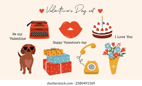 Valentine's Day elements set. Retro telephone, typewriter, bouquet, gifts, cute dachshund and cake with whipped cream on light background. Romantic collection, love concept. Happy Valentine`s day.